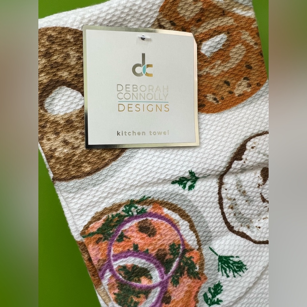 NWT Deborah Connolly Designs bagel cream cheese lox Kitchen Towels SET OF 2 NEW